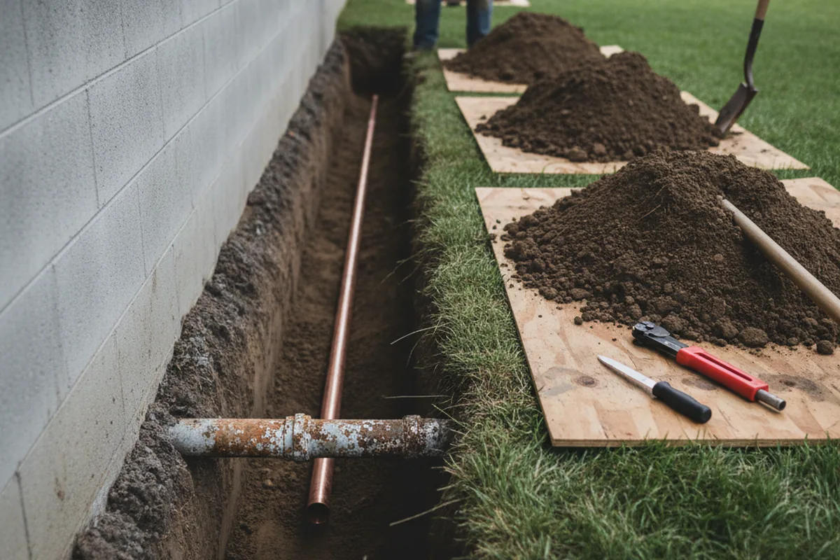 Excavated water line trench during Water Heater Repair in Helenville